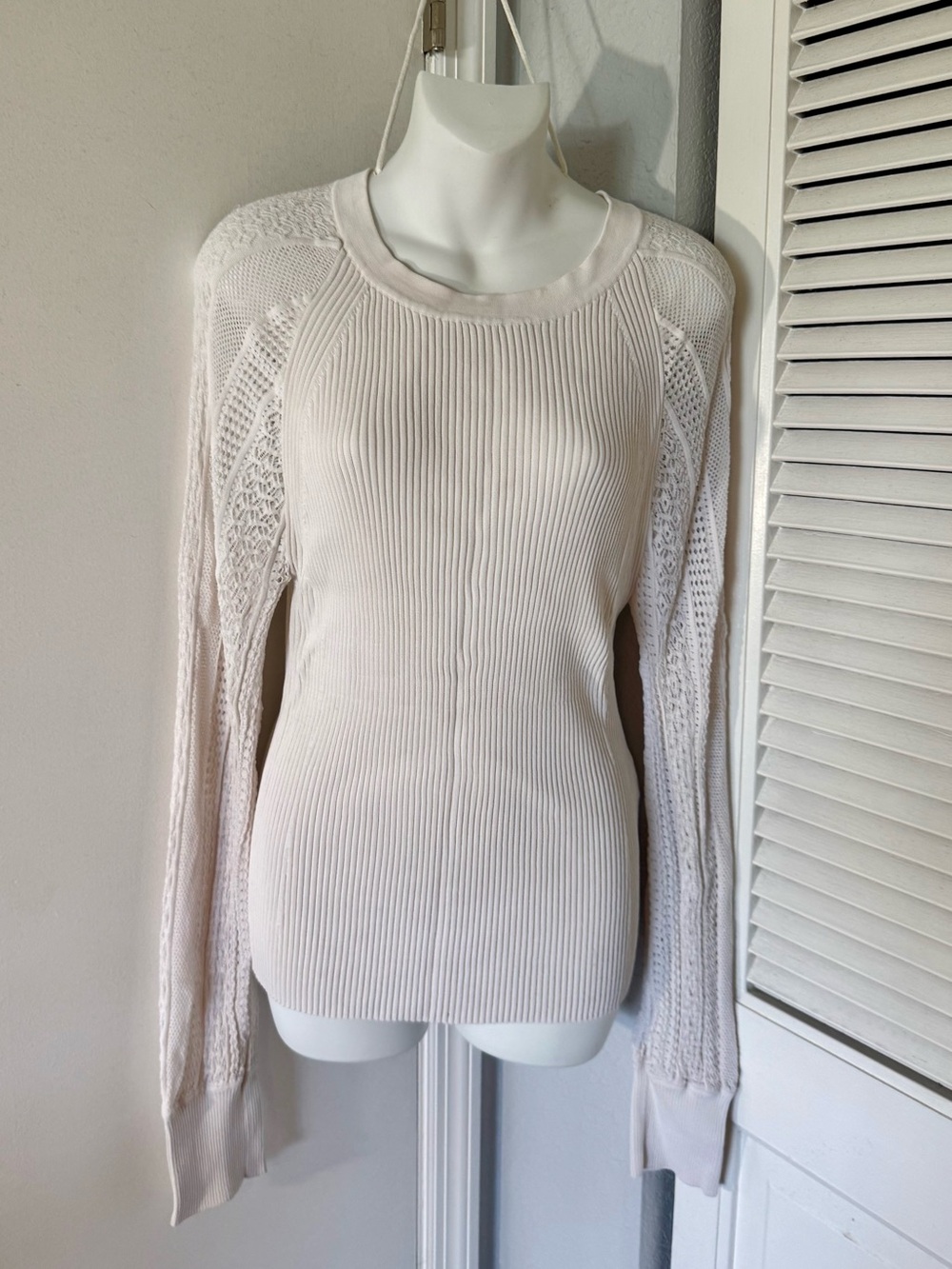 WHBM Black Ribbed Knit Sweater Lace Pointelle Raglan Sleeve